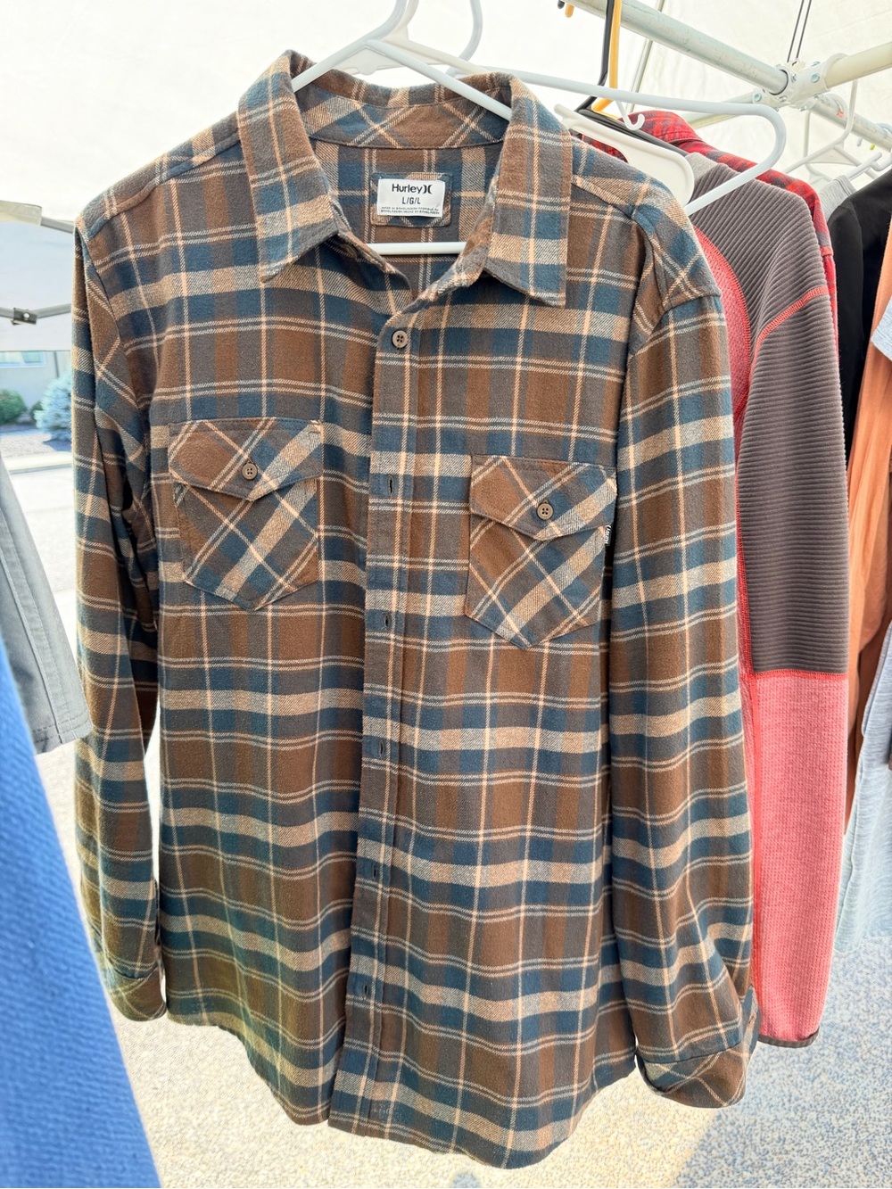 Hurley Brown and Blue Plaid Button-Up Flannel Shirt